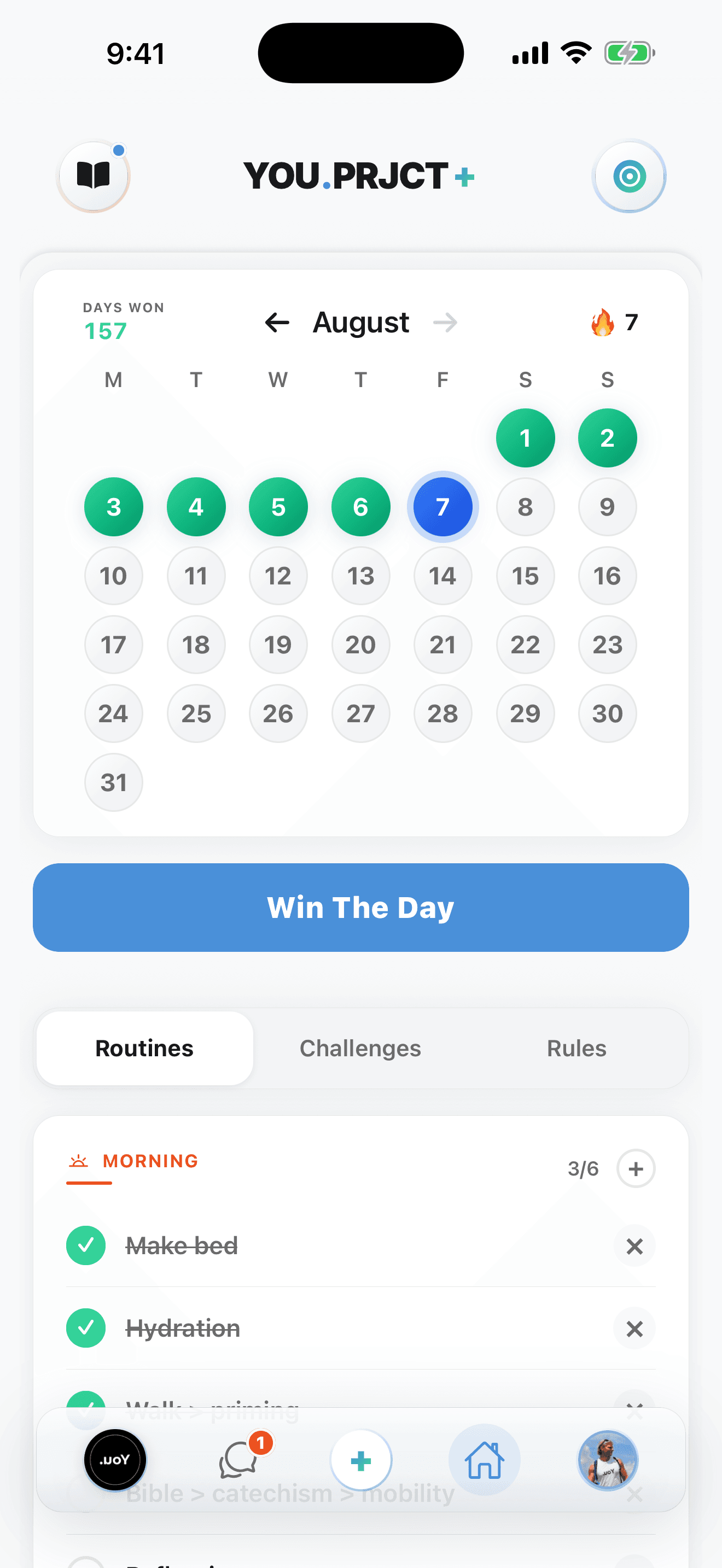 The calendar of days won, with the current streak