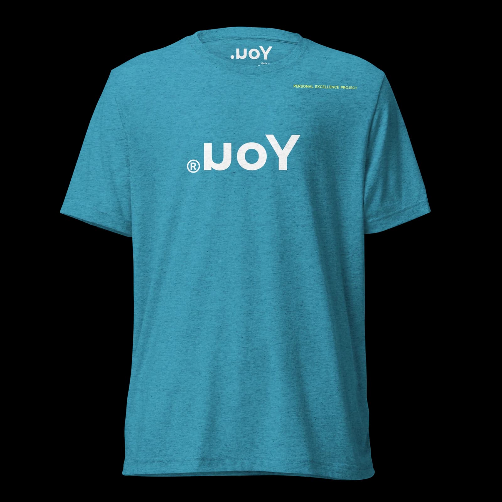 The Blue tee, front — the .uoY mark across the chest