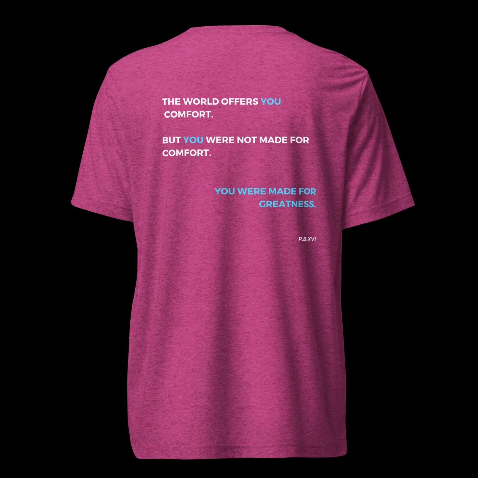 The Pink tee, back — the full manifesto printed across the shoulders