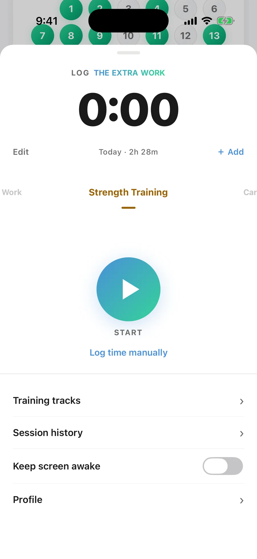 The log in the app: a clock at 0:00, today’s total, and the kind of work chosen on a dial
