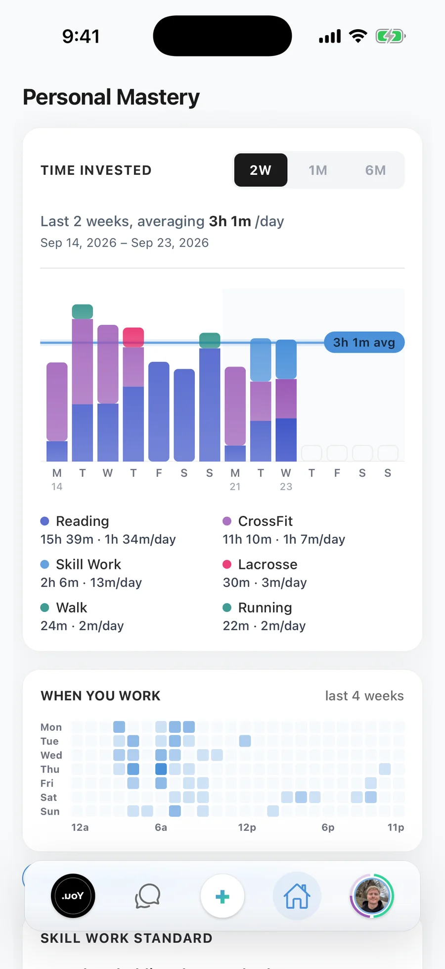 Personal Mastery in the app: time invested over two weeks and when the work happens, by hour