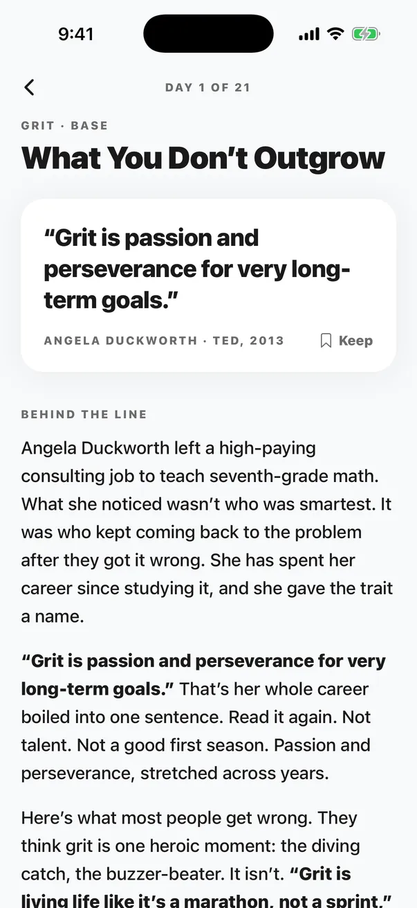 Day one of the Grit climb in the app: What You Don’t Outgrow, the line from Angela Duckworth, and the story behind it
