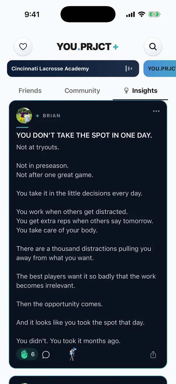 The Insights tab in the app: a piece by Brian, You don’t take the spot in one day, with six salutes
