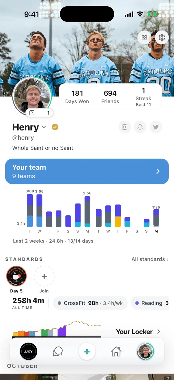 A founder’s profile in the app: 181 days won, two weeks of training, the standards and the Classics range