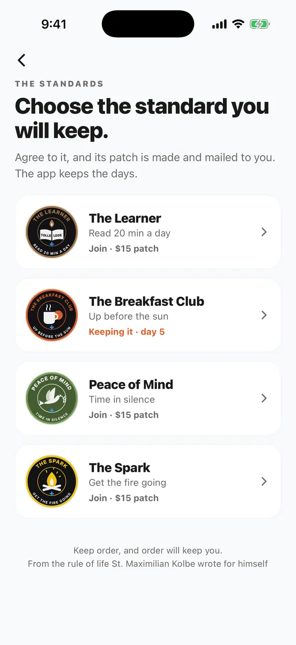 The Standards in the app: the Learner, the Breakfast Club, Peace of Mind and the Spark, each with its patch