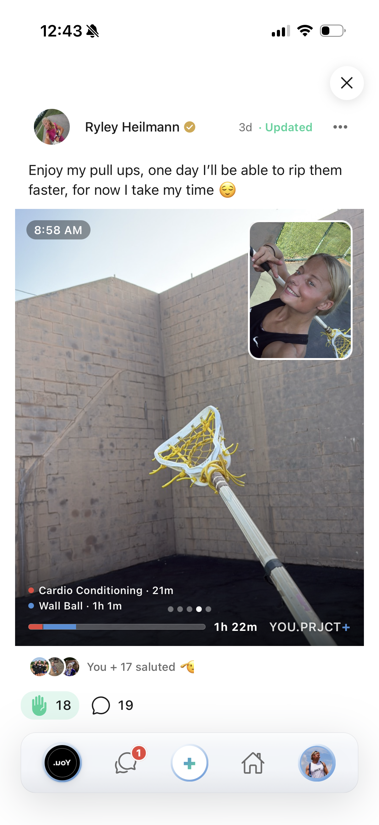 Ryley's shared training day — salutes and comments in the app