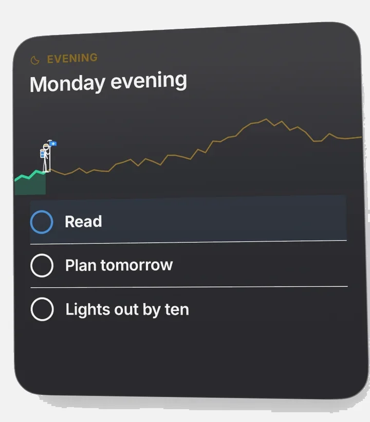 The Evening routine widget: Monday evening, Read, Plan tomorrow, Lights out by ten