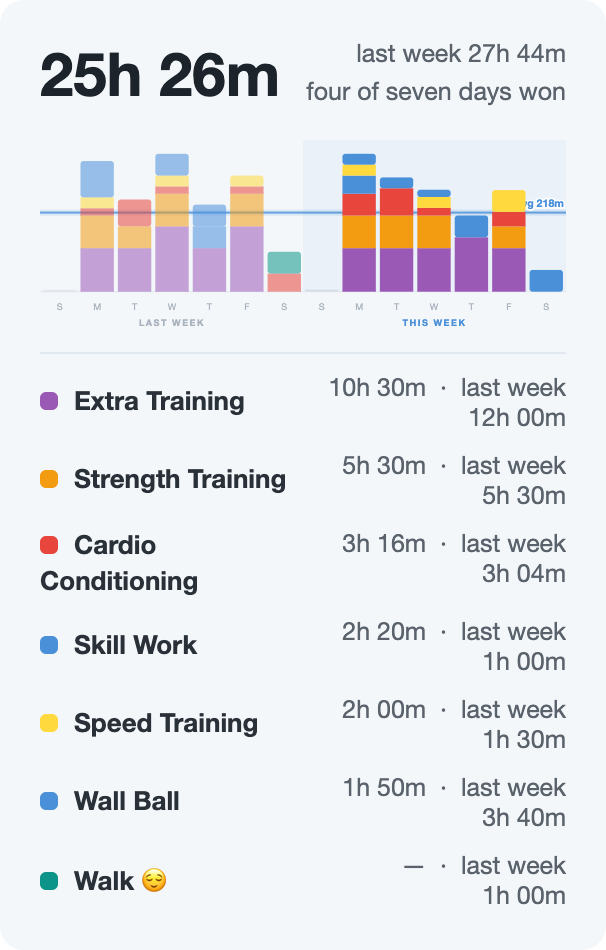 One athlete's real weekly hours, named by category and totaled, from a sample Sunday Review