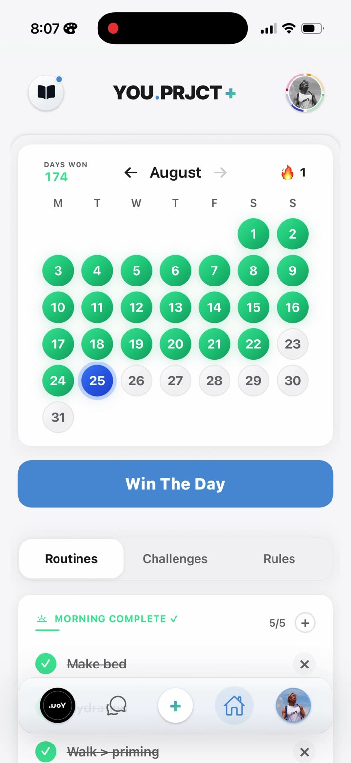 The app on a phone: days won, the month filling in, the morning routine, and the log timer