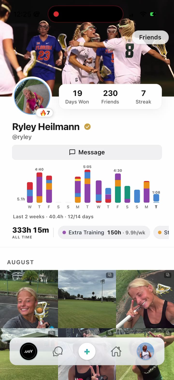 A real YOU.PRJCT+ profile, scrolling through a season of logged work